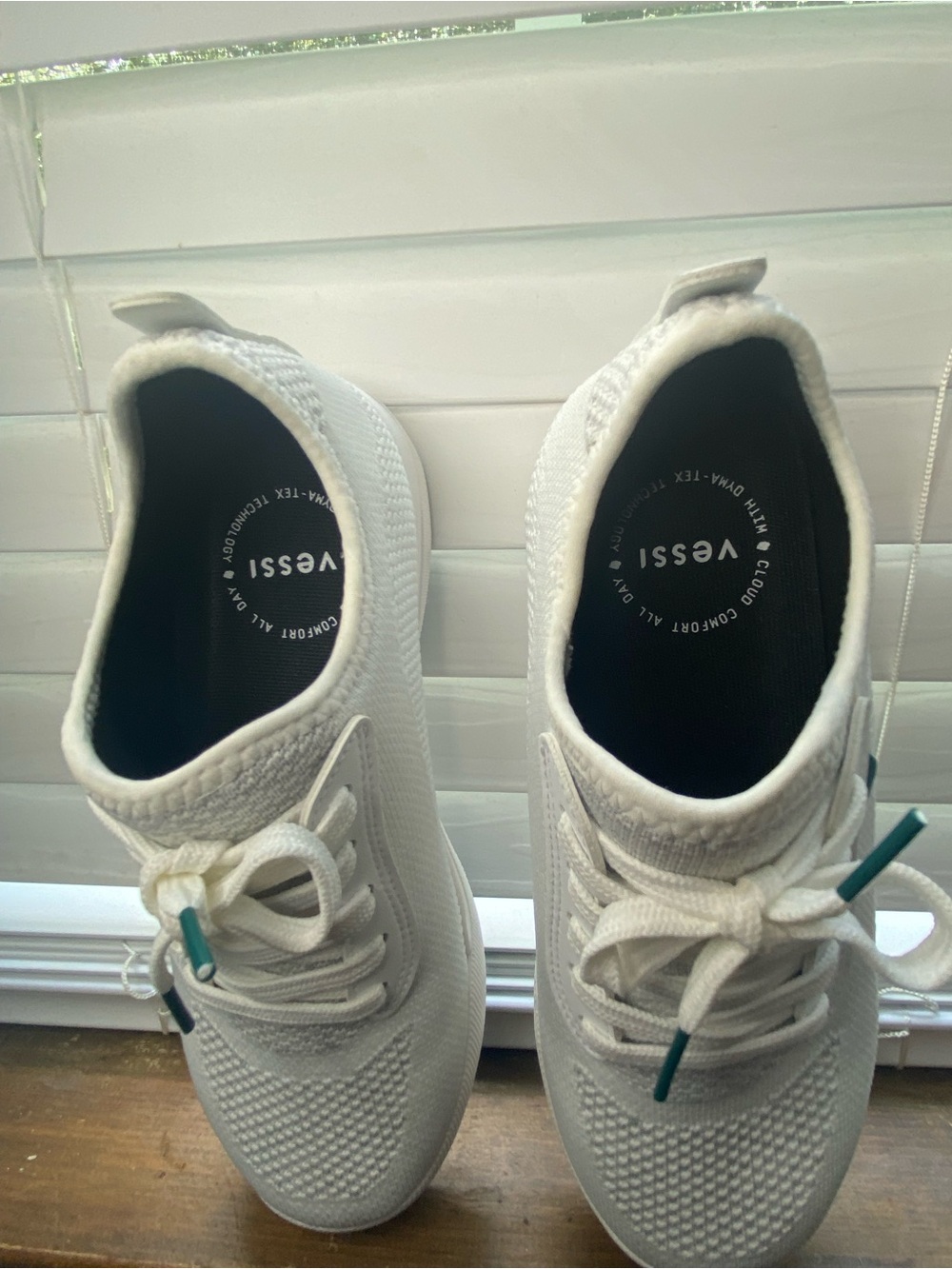 Vessi Women’s White Knit Athletic Sneakers with Teal Lace Tips